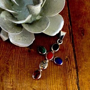 Sterling Silver Cross Pendant .925  Colored Stones